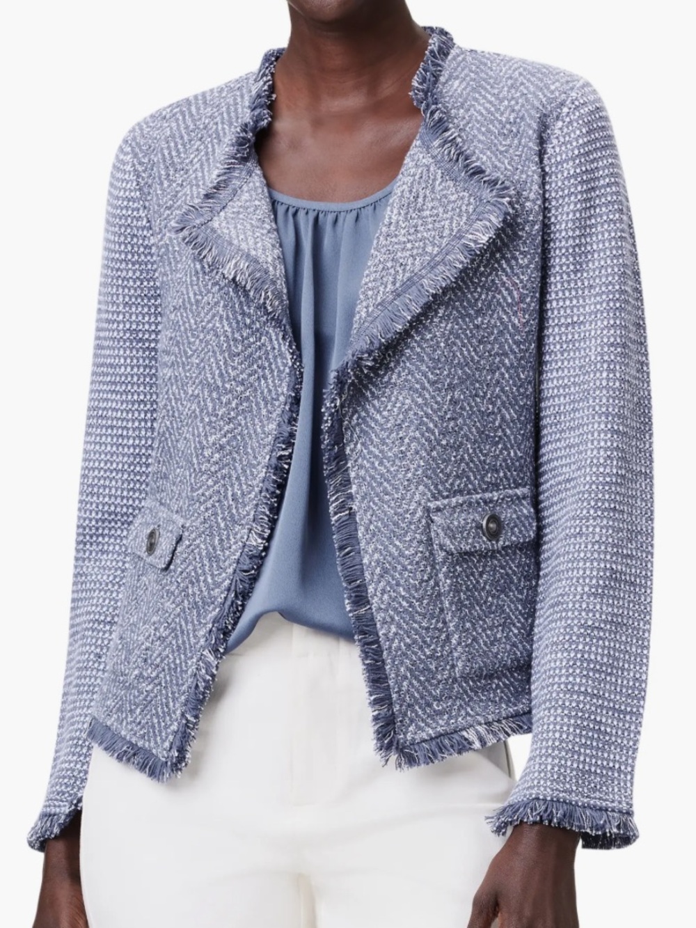 Nic + Zoe NEW Fringe Mix Knit Jacket Blue White Womens XL